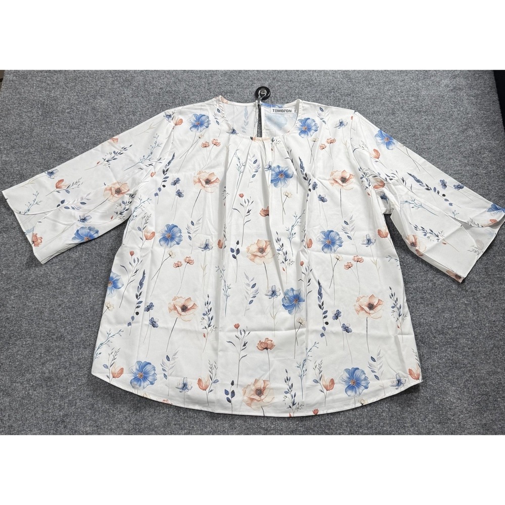 TEMOFON Women's Floral Blouse White Blue Orange Flutter Sleeve Boho Top Size XXL